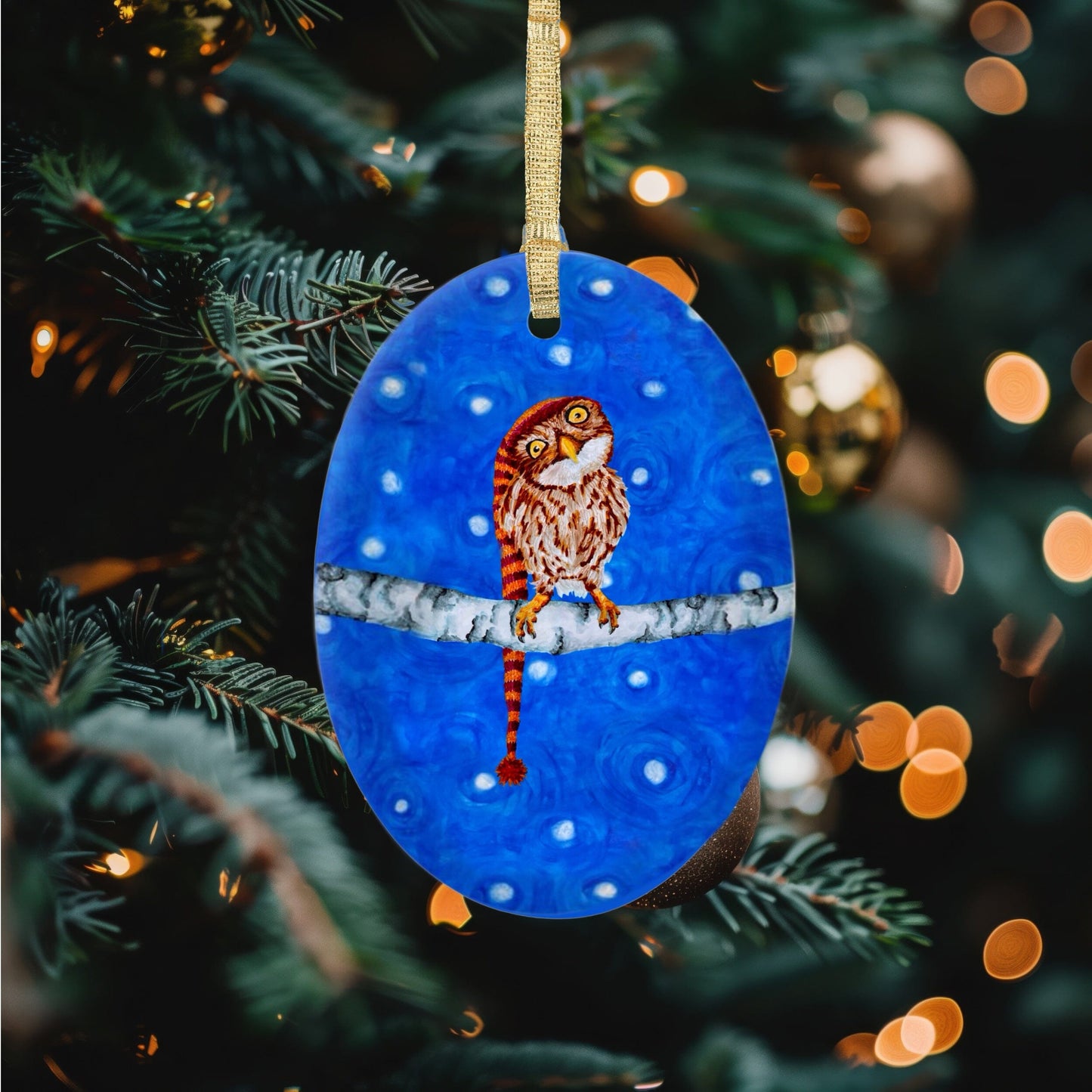 Ceramic Ornament, Snowy Owl with Knitted Cap Home Decor Printify 