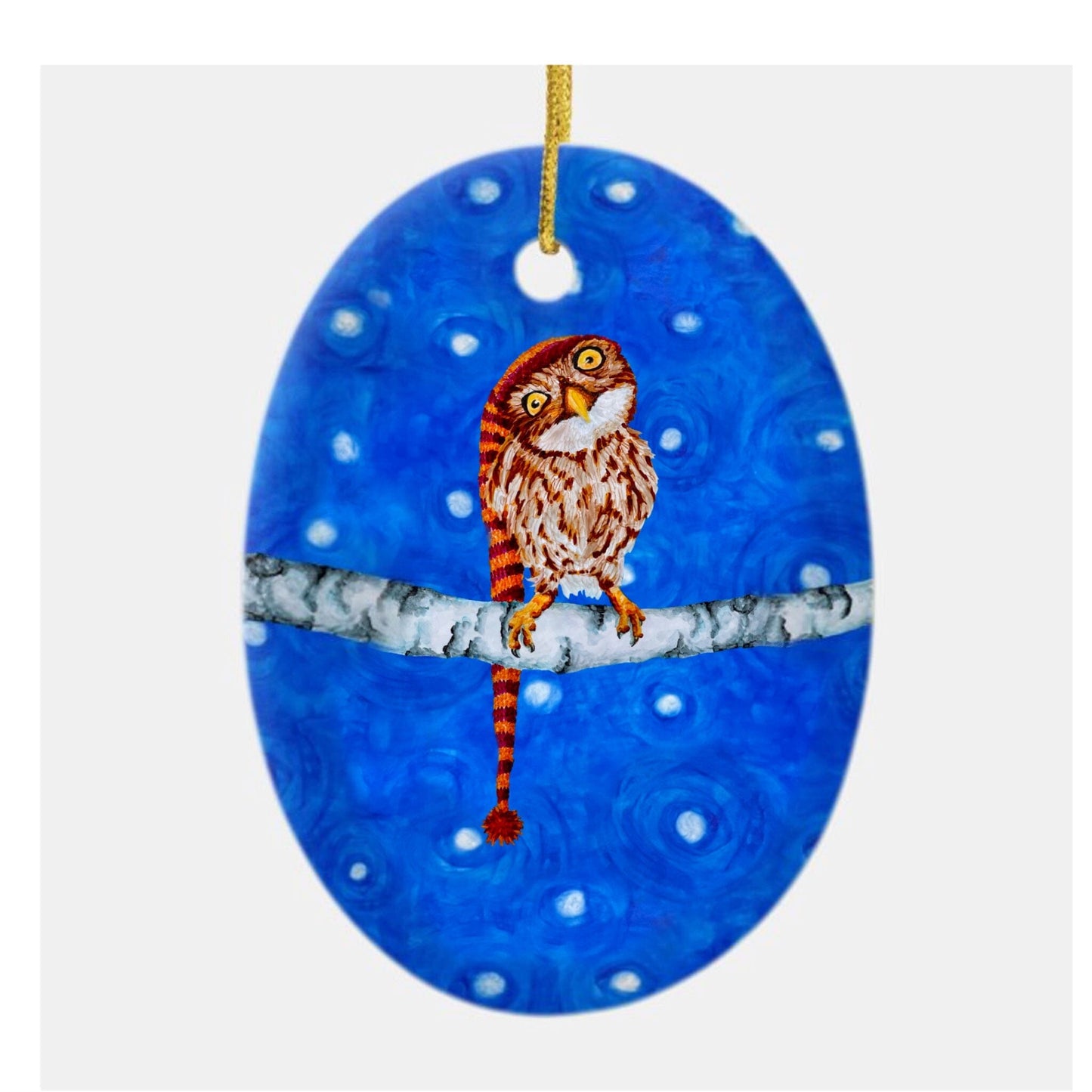 Ceramic Ornament, Snowy Owl with Knitted Cap Home Decor Printify 