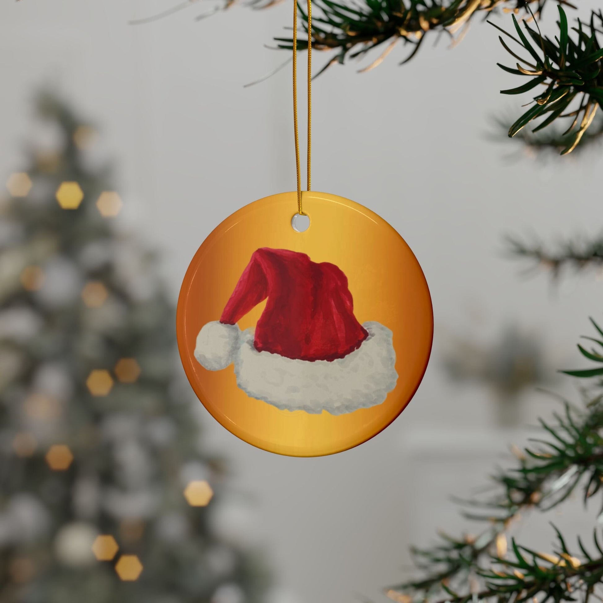 Ceramic Ornaments Santa Hat Gold Background 2-Side Print Home Decor Printify Circle 5 pcs One size