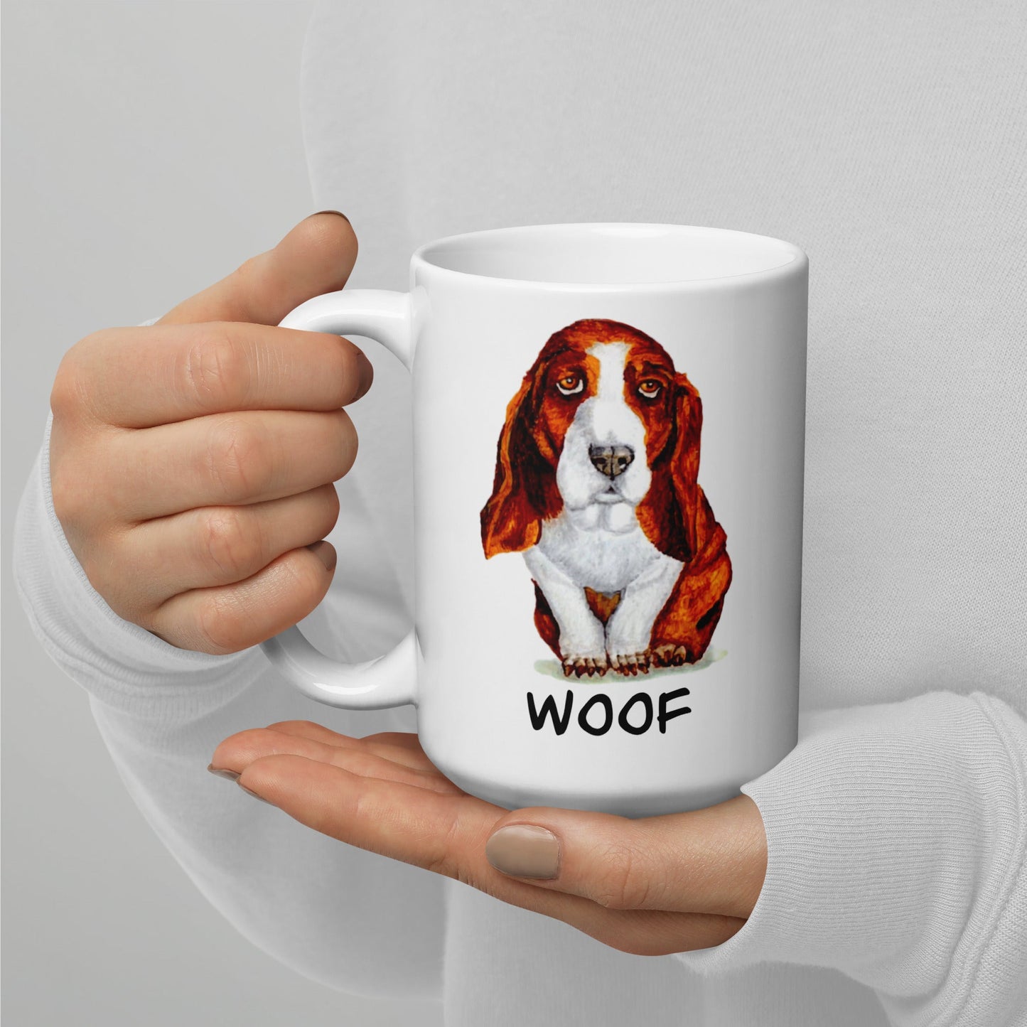 Basset Hound Puppy on White Glossy Mug Mugs Indie Darling Design 