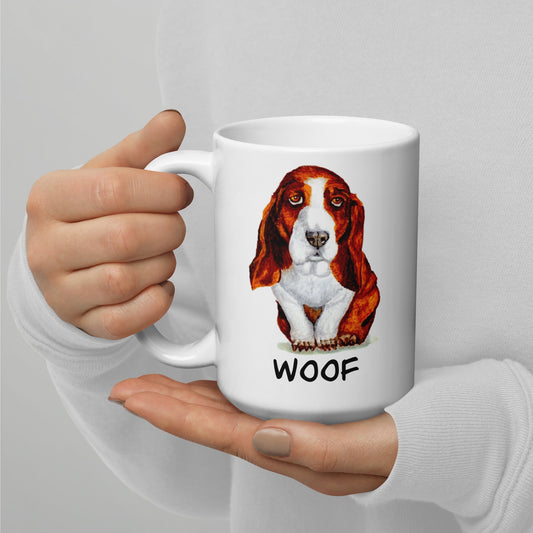 Basset Hound Puppy on White Glossy Mug Mugs Indie Darling Design 