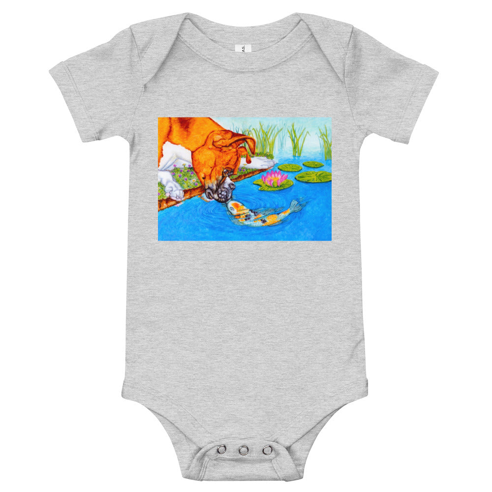 Boxer Puppy and Koi Kiss Baby Short Sleeve One Piece Baby One-Pieces Indie Darling Design Athletic Heather 3-6m 