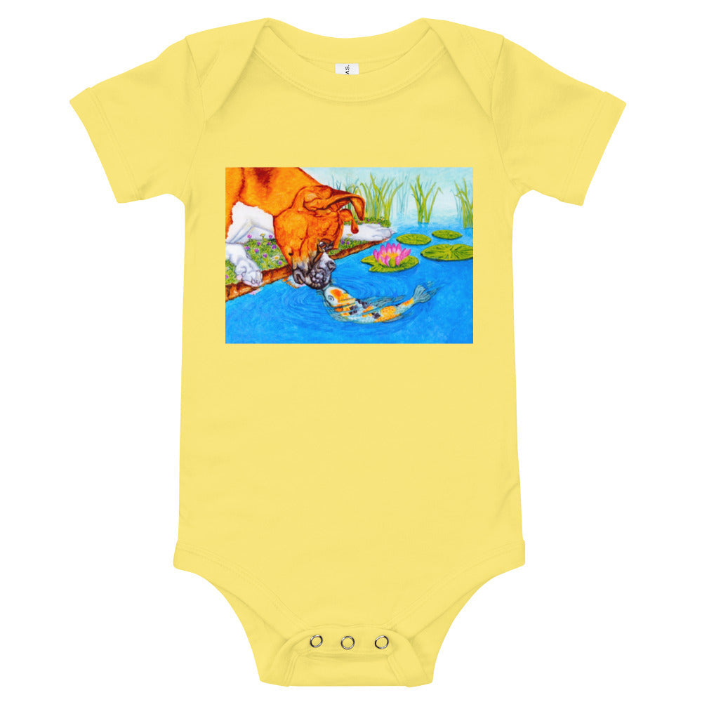 Boxer Puppy and Koi Kiss Baby Short Sleeve One Piece Baby One-Pieces Indie Darling Design Yellow 3-6m 