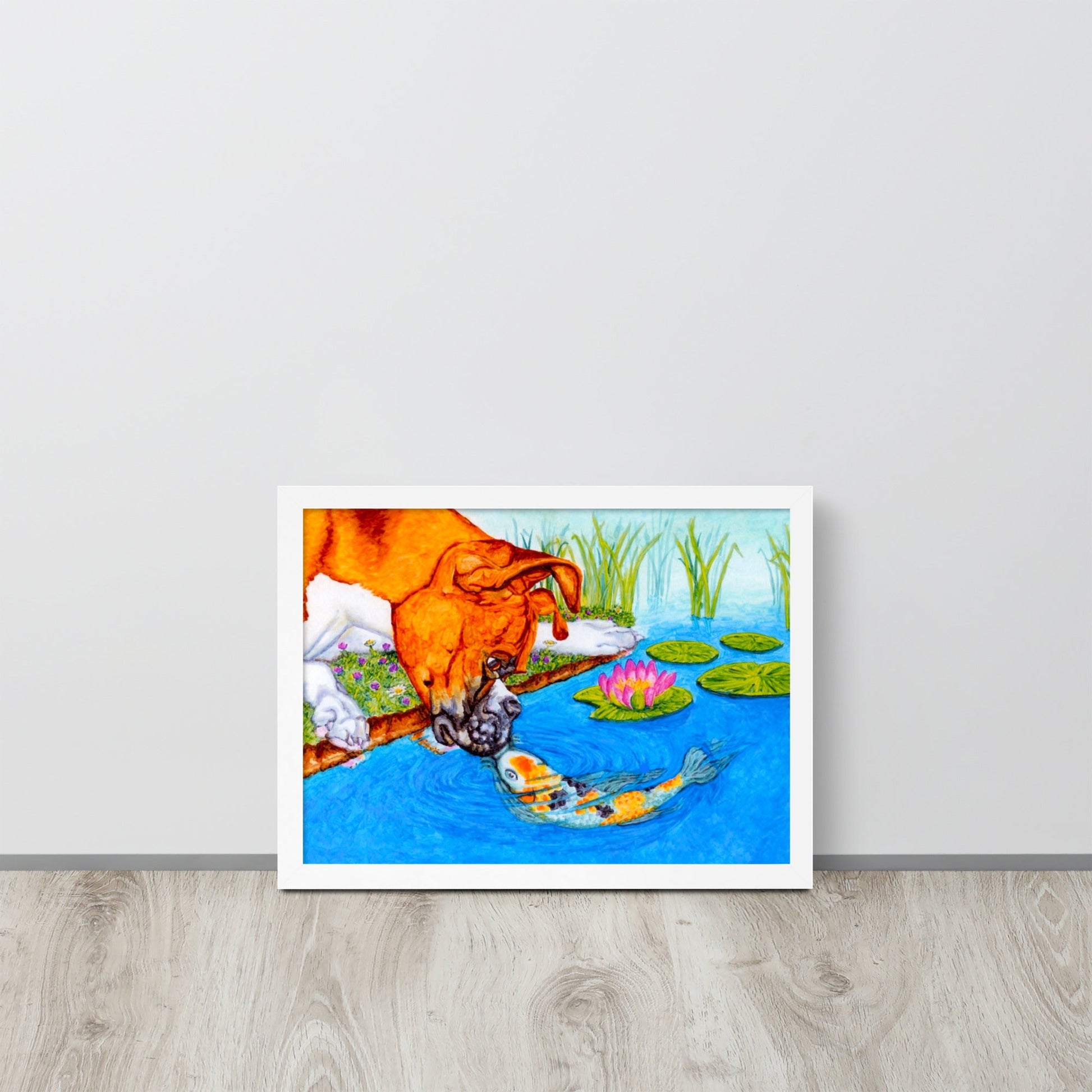 Boxer Puppy and Koi Kiss Framed Poster Posters, Prints, & Visual Artwork Indie Darling Design 