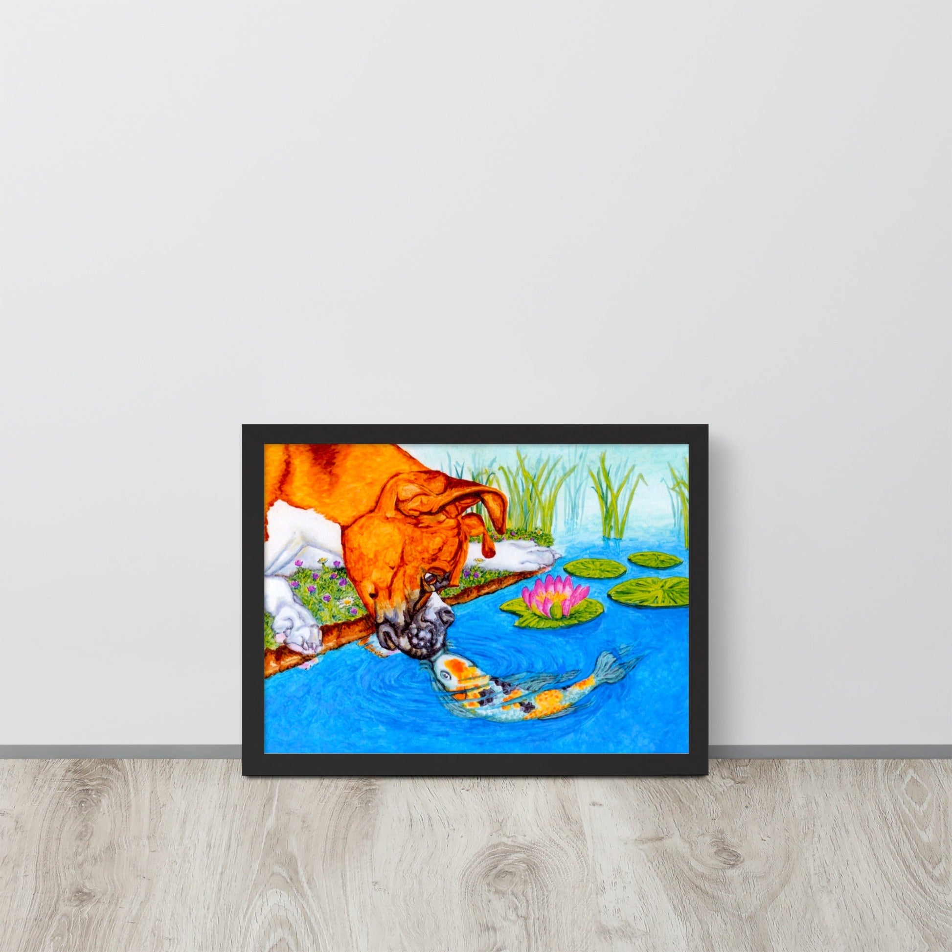 Boxer Puppy and Koi Kiss Framed Poster Posters, Prints, & Visual Artwork Indie Darling Design 