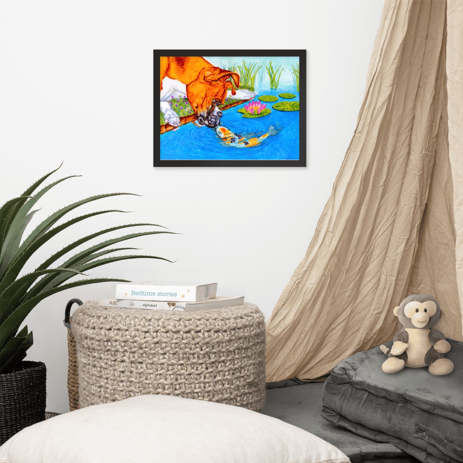 Boxer Puppy and Koi Kiss Framed Poster Posters, Prints, & Visual Artwork Indie Darling Design 