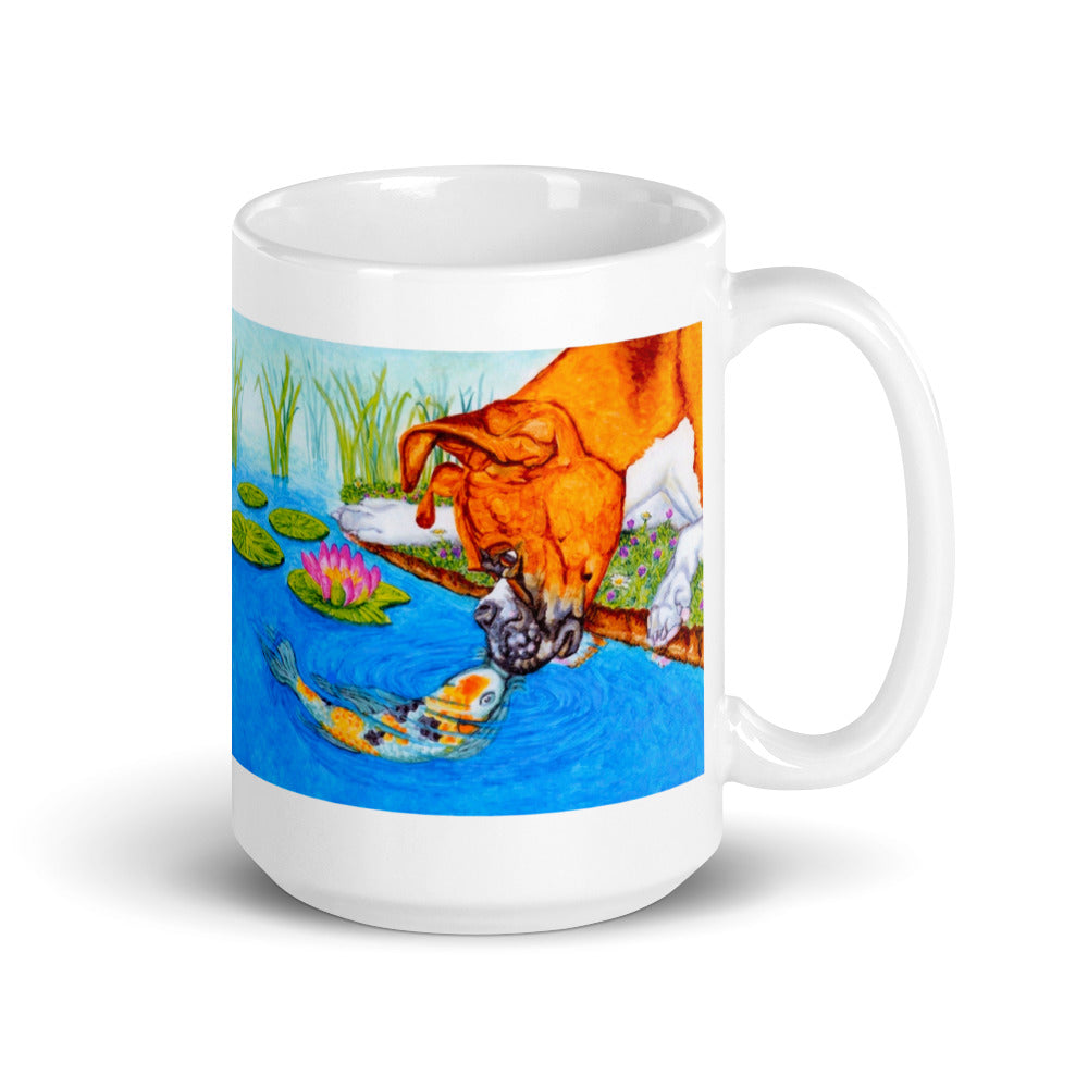 Boxer Puppy and Koi Kiss on White Glossy Mug Mugs Indie Darling Design 