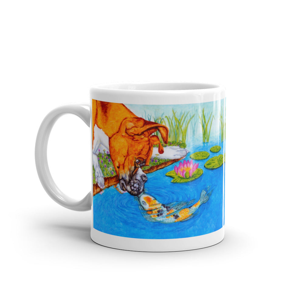 Boxer Puppy and Koi Kiss on White Glossy Mug Mugs Indie Darling Design 