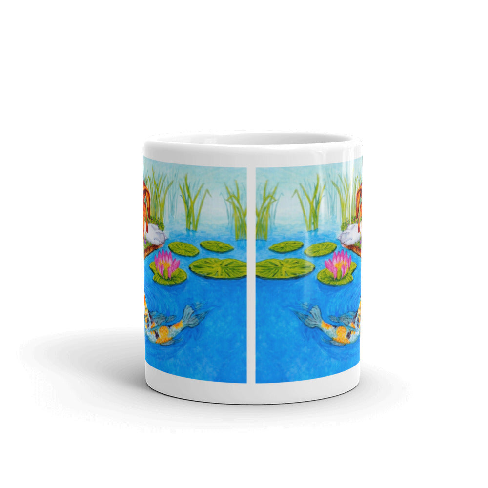 Boxer Puppy and Koi Kiss on White Glossy Mug Mugs Indie Darling Design 