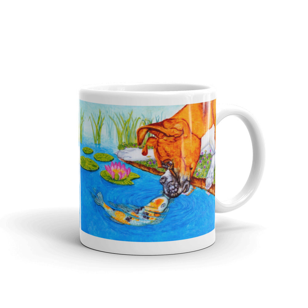 Boxer Puppy and Koi Kiss on White Glossy Mug Mugs Indie Darling Design 