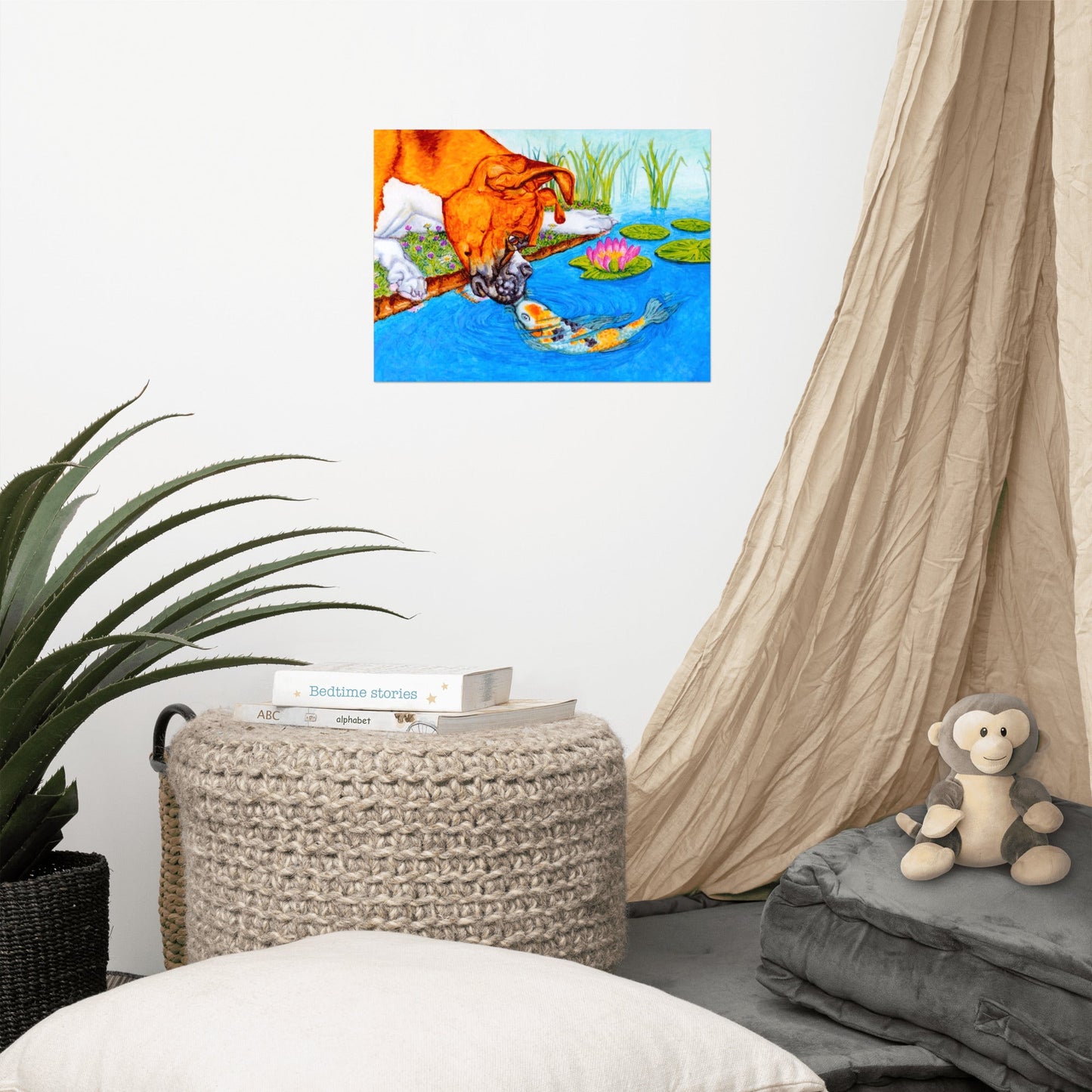 Boxer Puppy and Koi Kiss Poster Print without Frame Posters, Prints, & Visual Artwork Indie Darling Design 