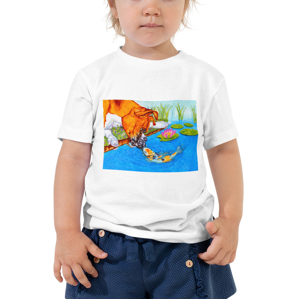 Boxer Puppy and Koi Kiss Toddler Short Sleeve Tee T-shirt Indie Darling Design 