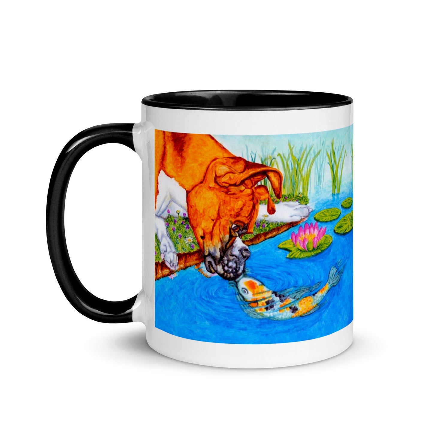 Boxer Puppy and Koi Kiss Two-Tone Mug Mugs Indie Darling Design 