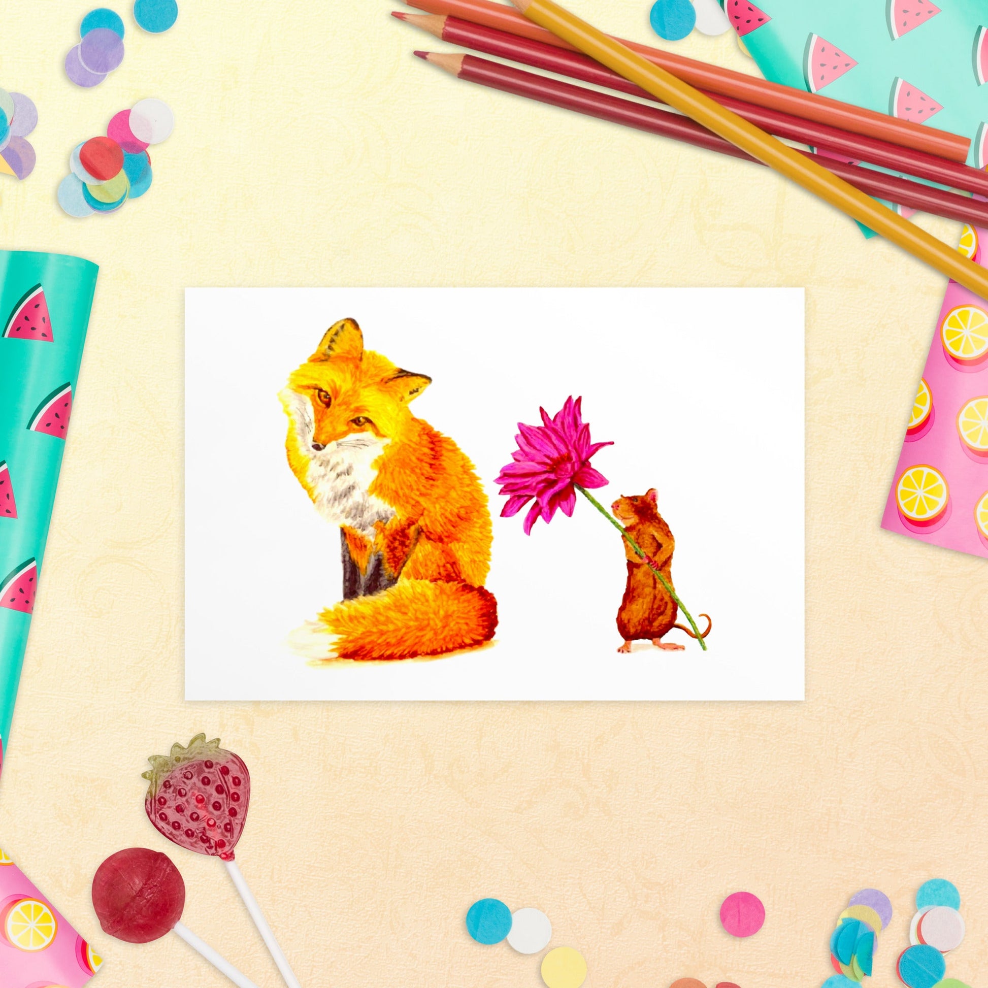 Fox and Mouse Illustrated Flat Card Greeting & Note Cards Indie Darling Design 