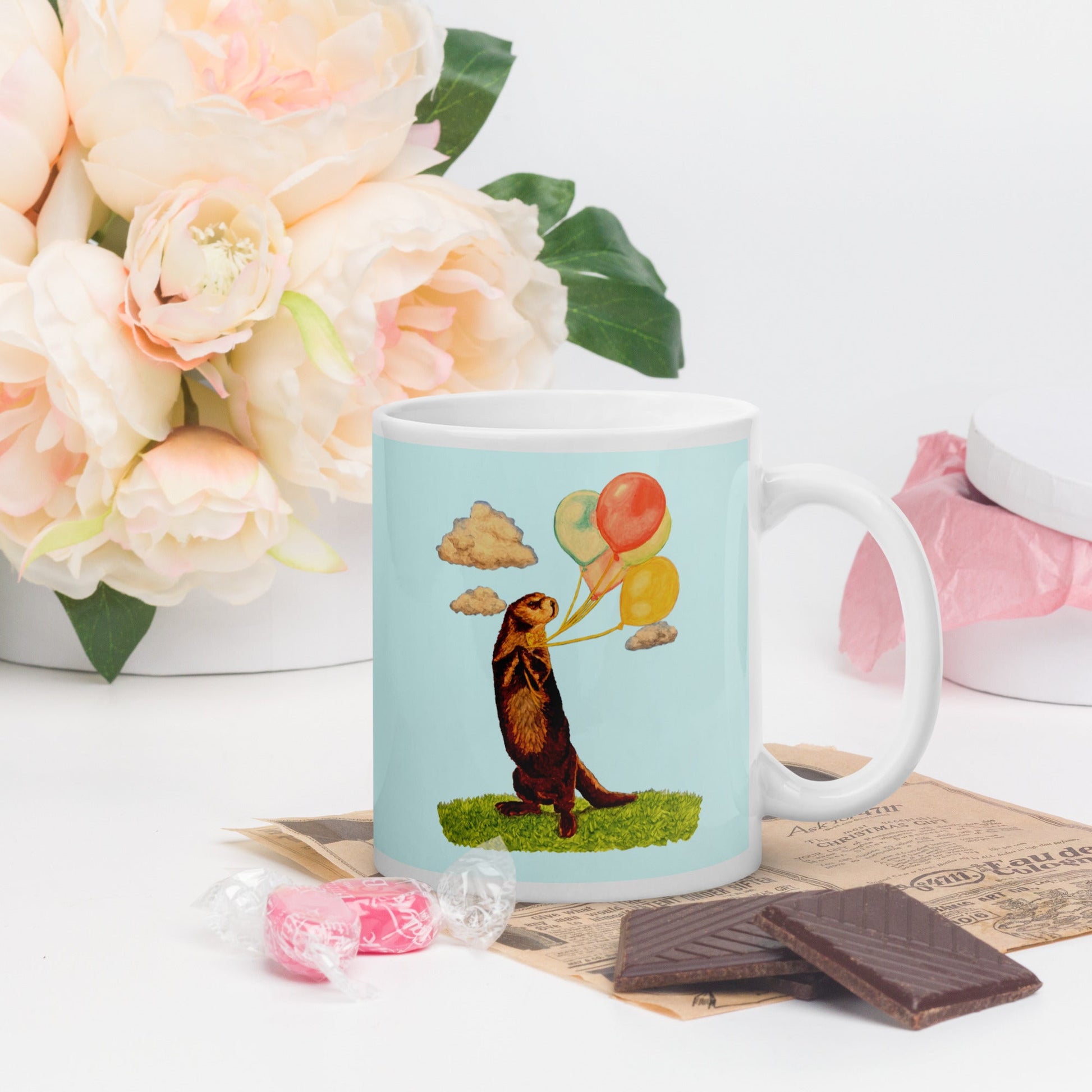 Otter and Balloons Glossy Mug Mugs Indie Darling Design 