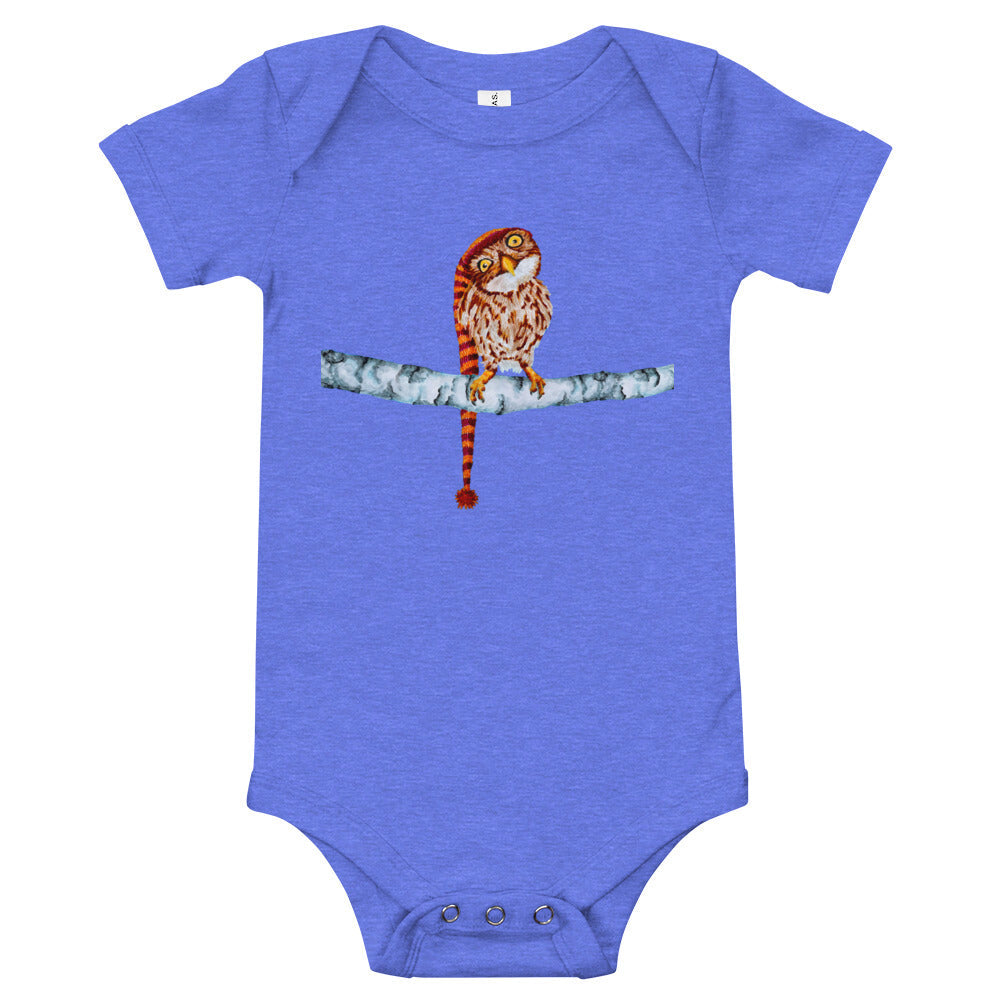 Owl in Stocking Cap Baby Short Sleeve One Piece Baby One-Pieces Indie Darling Design Heather Columbia Blue 3-6m 