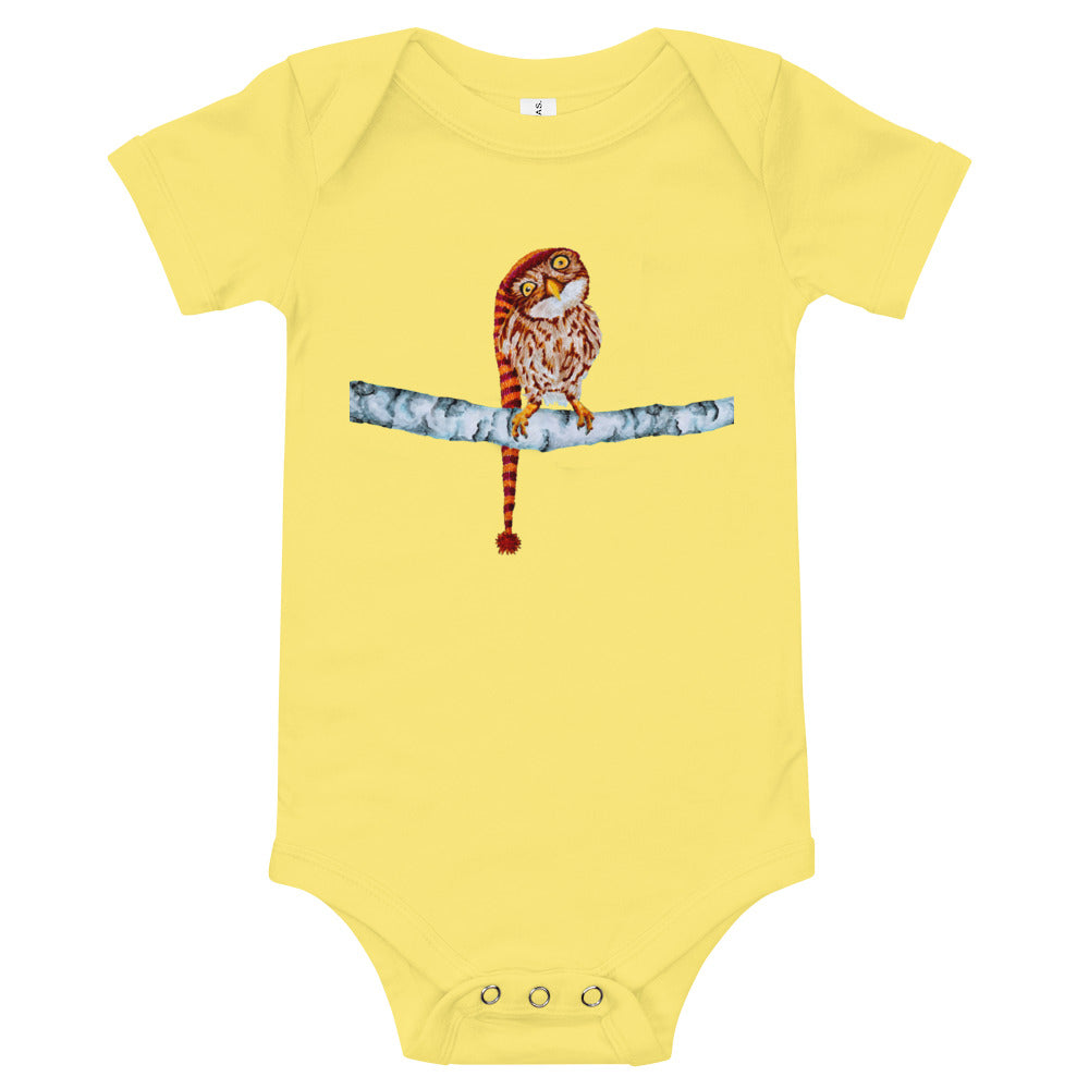 Owl in Stocking Cap Baby Short Sleeve One Piece Baby One-Pieces Indie Darling Design Yellow 3-6m 