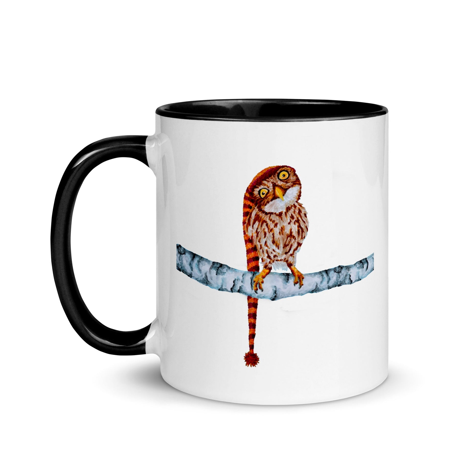 Owl in Stocking Cap Two-Tone Mug Mugs Indie Darling Design 