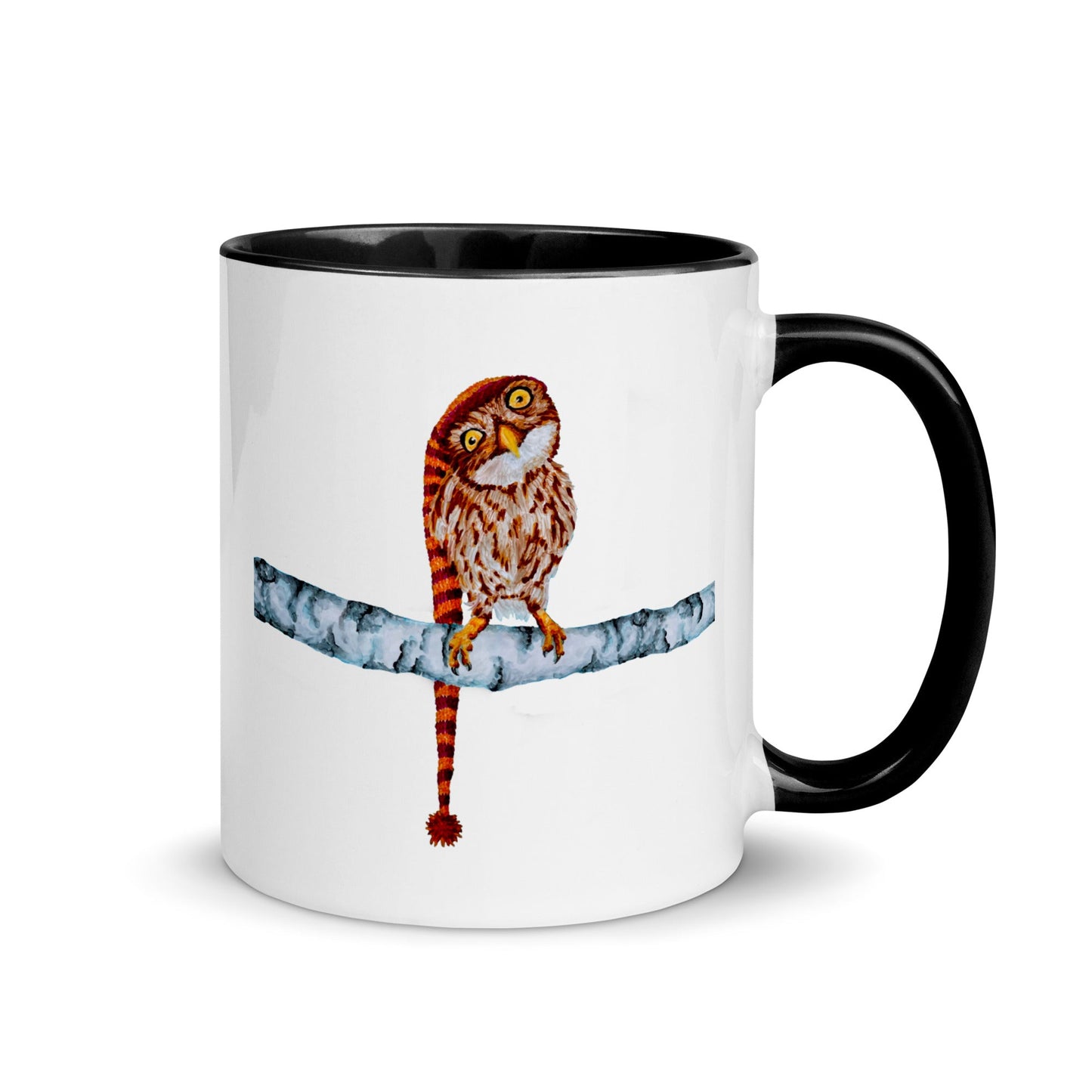 Owl in Stocking Cap Two-Tone Mug Mugs Indie Darling Design 