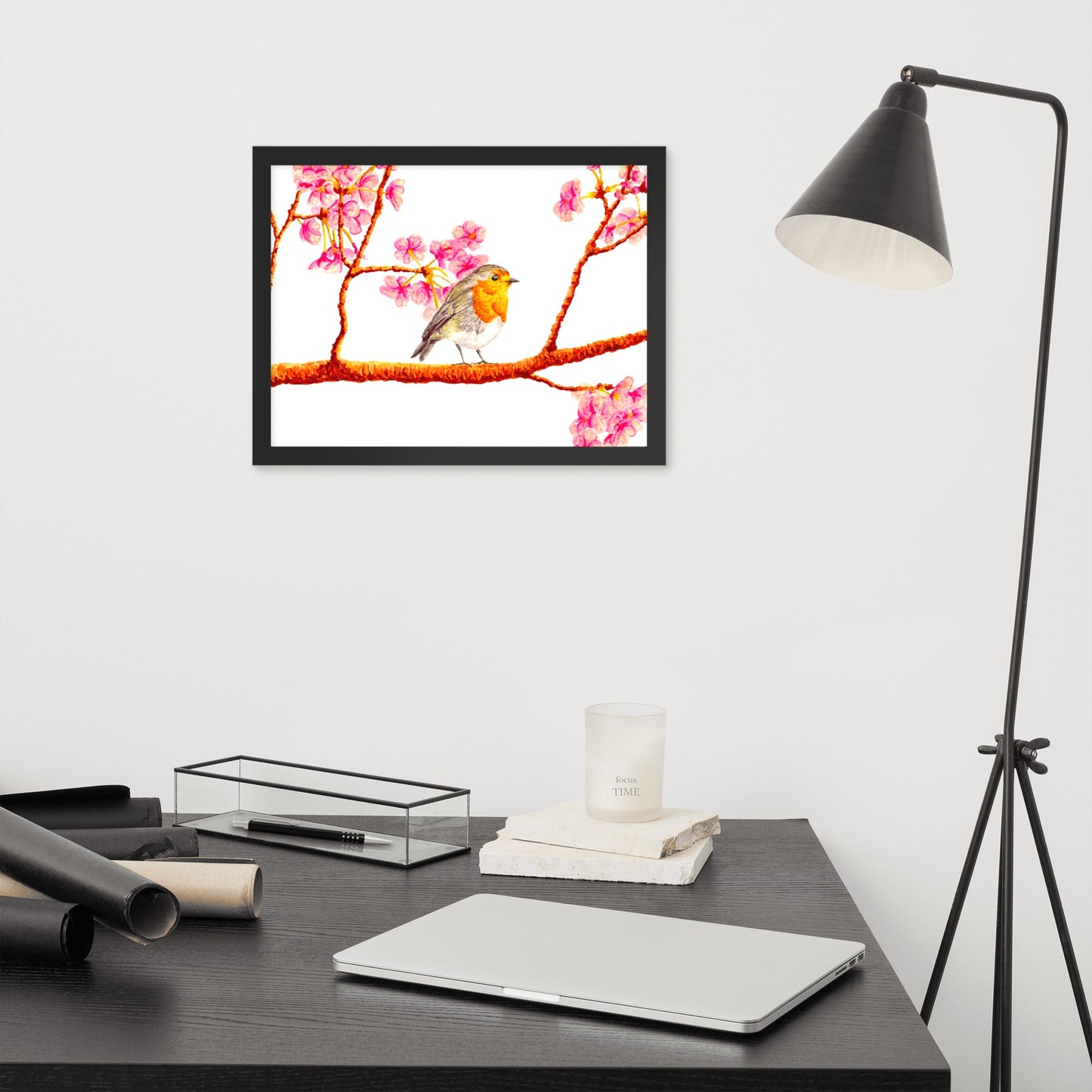 Robin and Cherry Blossoms Framed Poster Posters, Prints, & Visual Artwork Indie Darling Design 