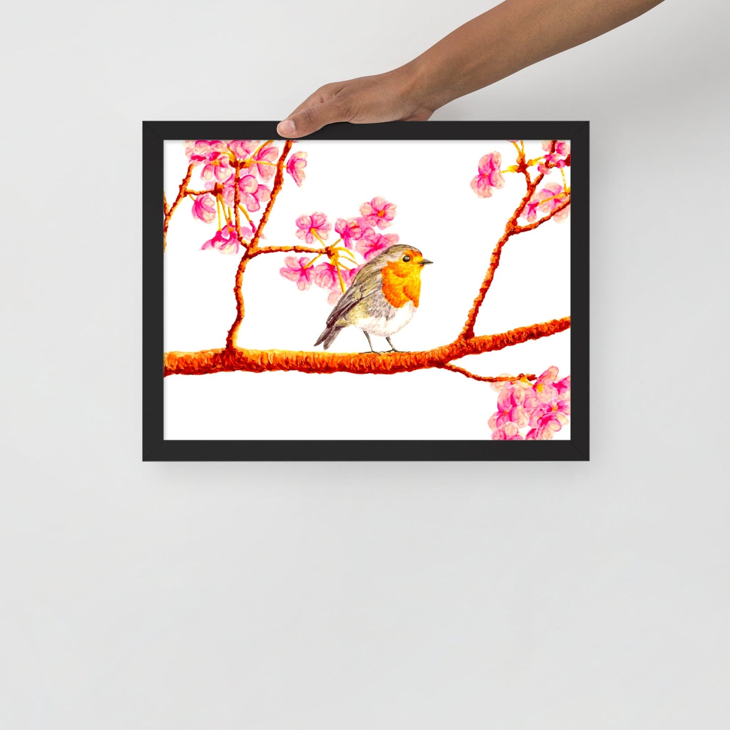 Robin and Cherry Blossoms Framed Poster Posters, Prints, & Visual Artwork Indie Darling Design 