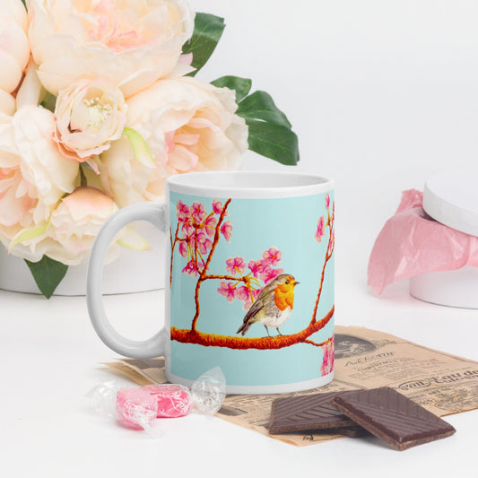 Robin and Cherry Blossoms Glossy Mug Mugs Indie Darling Design 11oz 