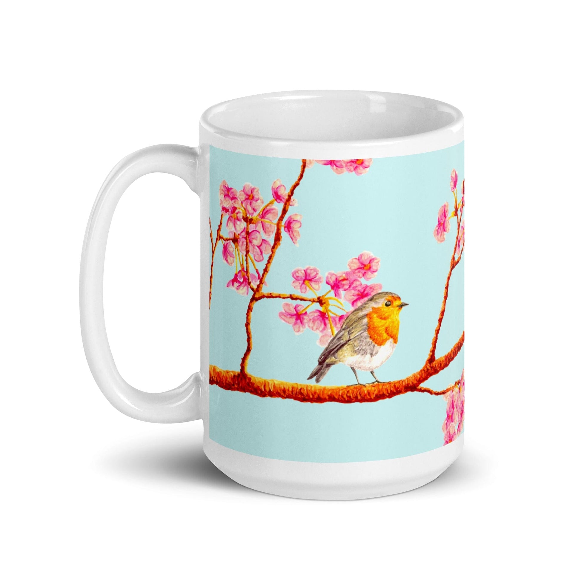 Robin and Cherry Blossoms Glossy Mug Mugs Indie Darling Design 