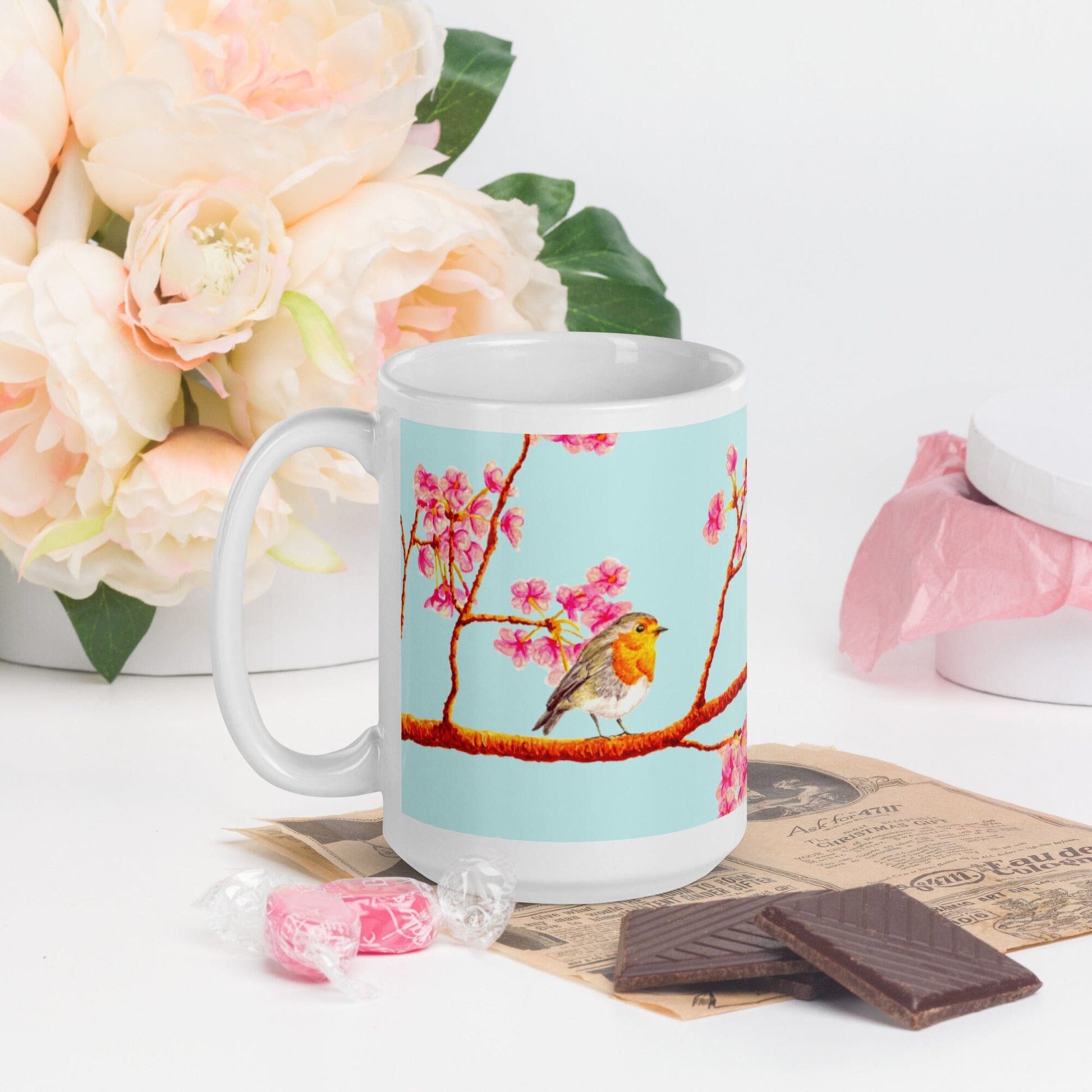 Robin and Cherry Blossoms Glossy Mug Mugs Indie Darling Design 15oz 