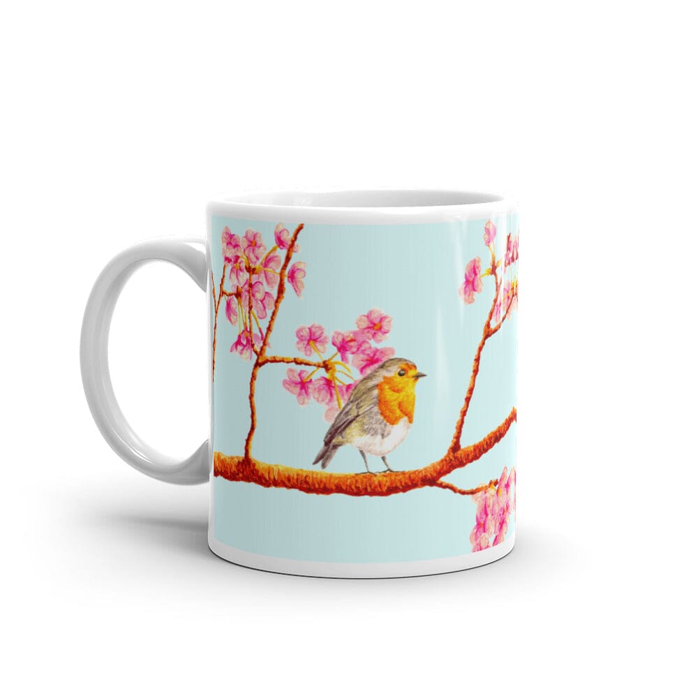 Robin and Cherry Blossoms Glossy Mug Mugs Indie Darling Design 