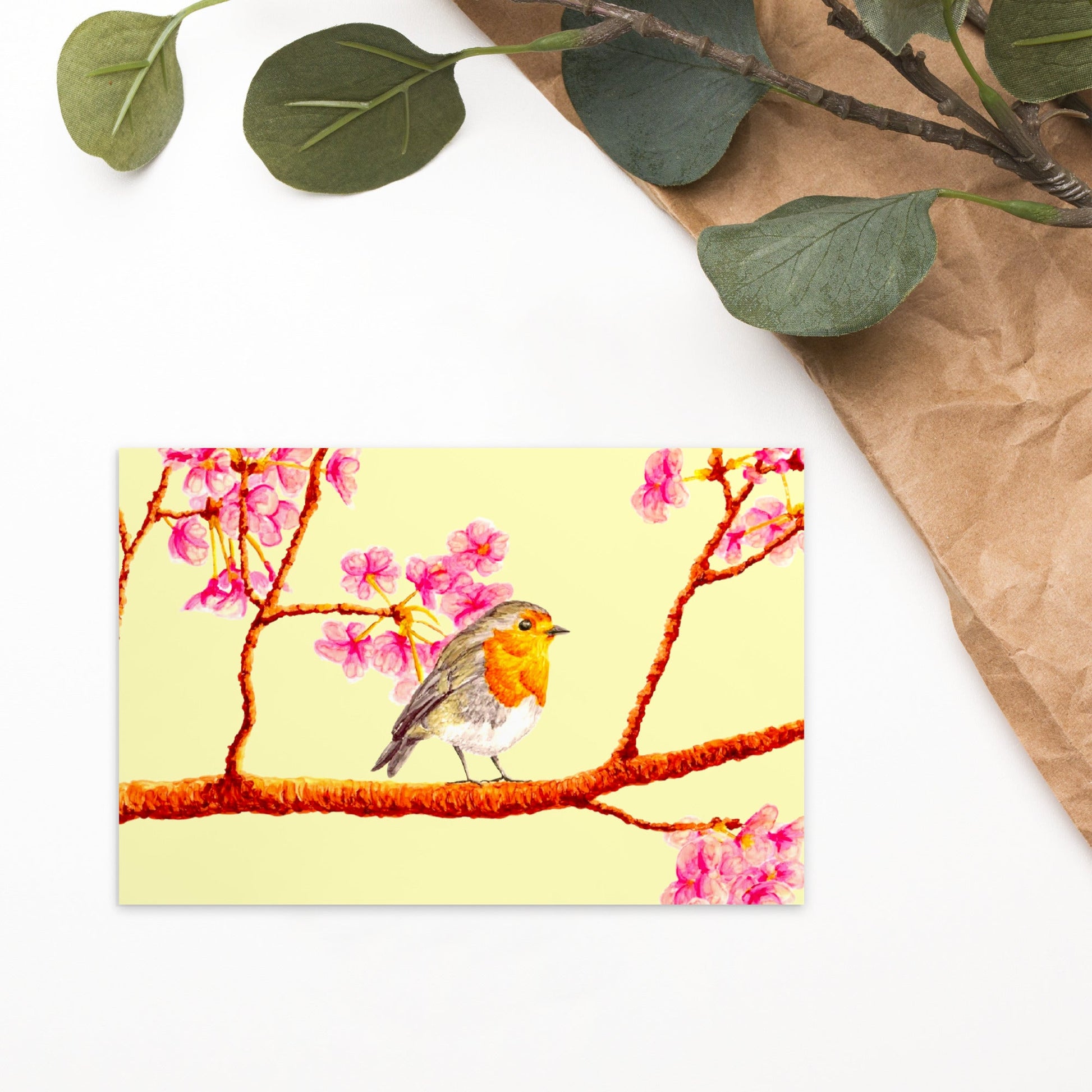 Robin and Cherry Blossoms Illustrated Flat Card Greeting & Note Cards Indie Darling Design 