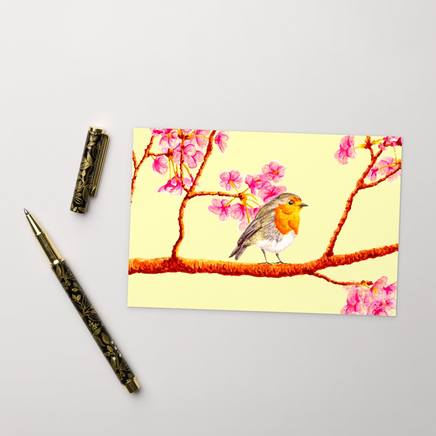 Robin and Cherry Blossoms Illustrated Flat Card Greeting & Note Cards Indie Darling Design 