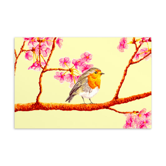 Robin and Cherry Blossoms Illustrated Flat Card Greeting & Note Cards Indie Darling Design 