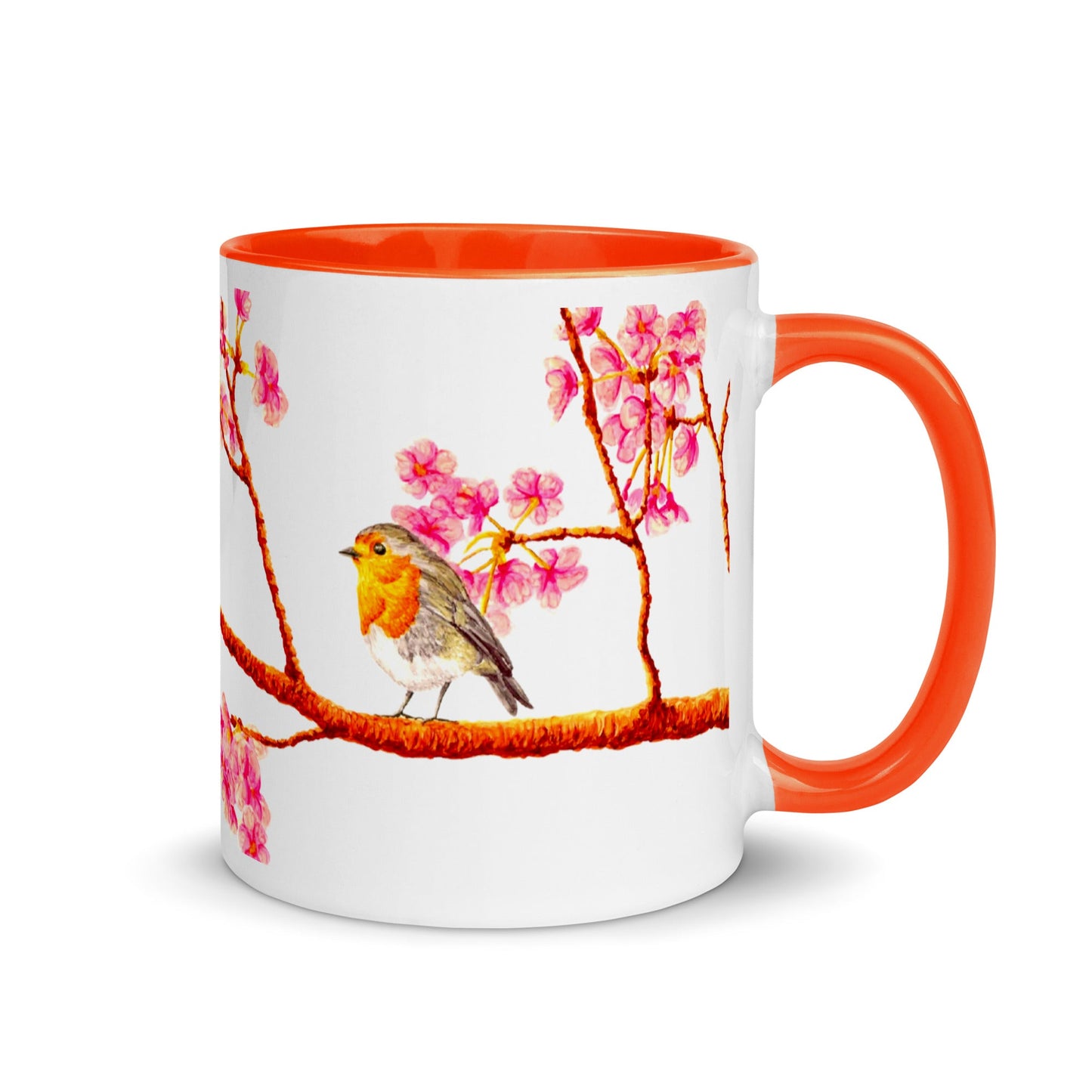 Robin and Cherry Blossoms Two-Tone Mug Mugs Indie Darling Design 