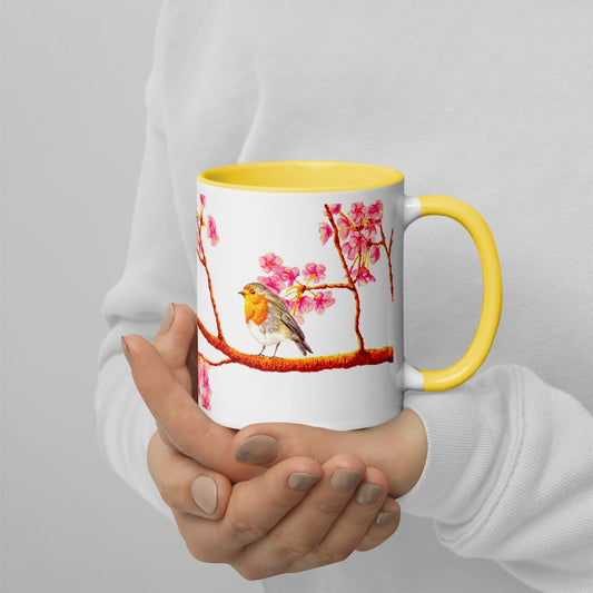 Robin and Cherry Blossoms Two-Tone Mug Mugs Indie Darling Design 