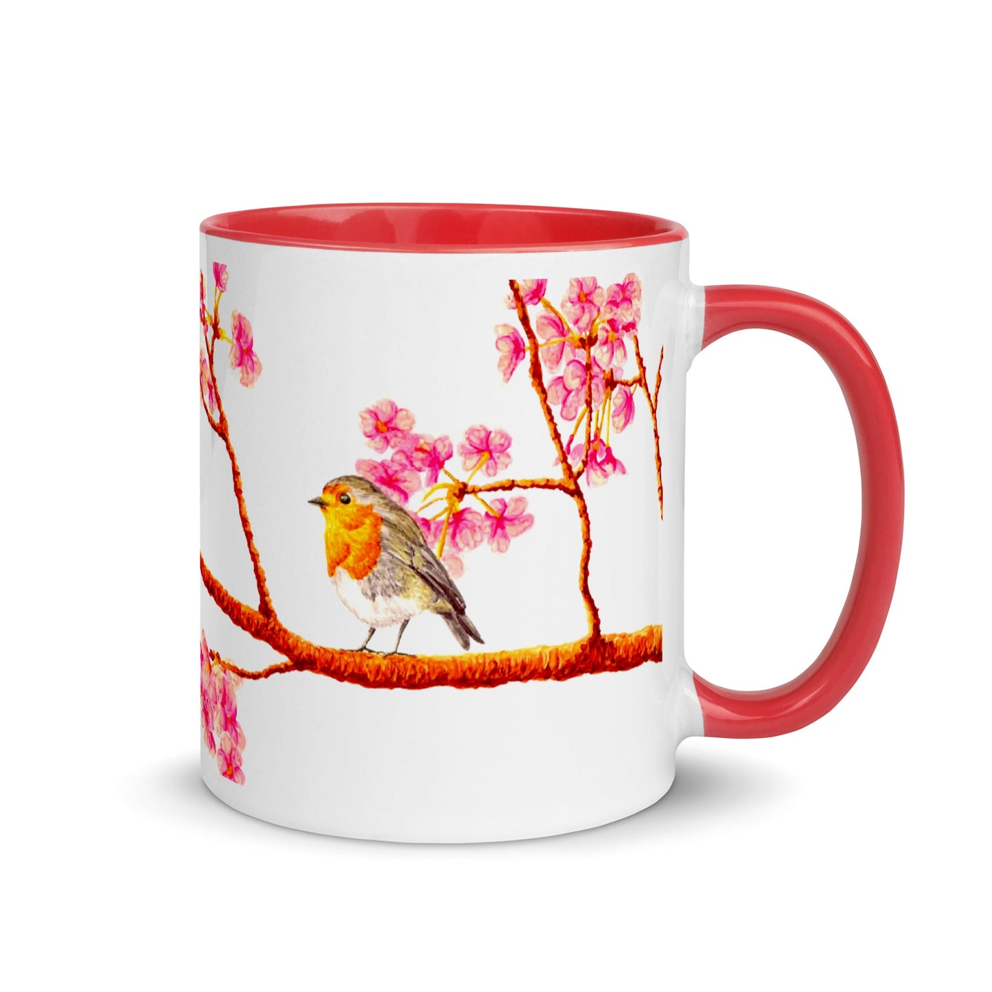 Robin and Cherry Blossoms Two-Tone Mug Mugs Indie Darling Design 