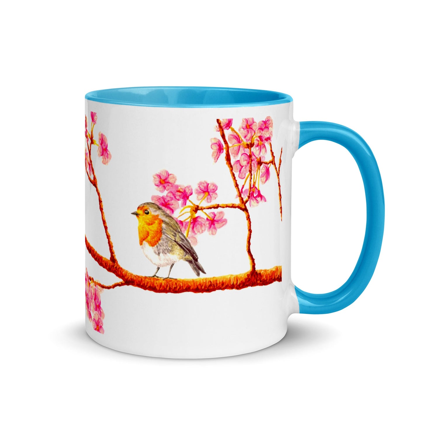 Robin and Cherry Blossoms Two-Tone Mug Mugs Indie Darling Design 