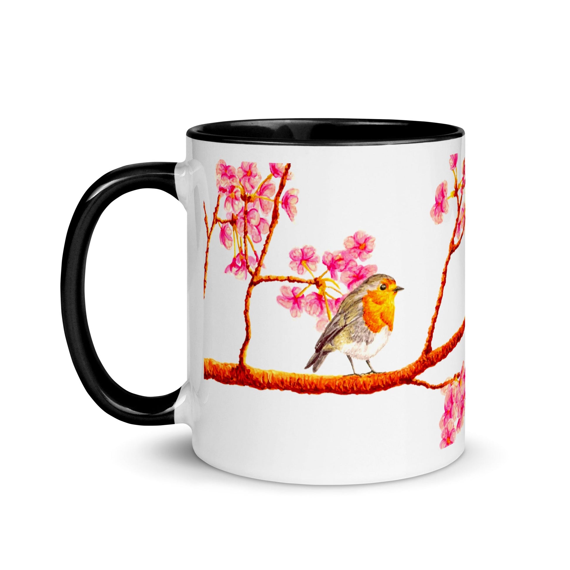 Robin and Cherry Blossoms Two-Tone Mug Mugs Indie Darling Design 