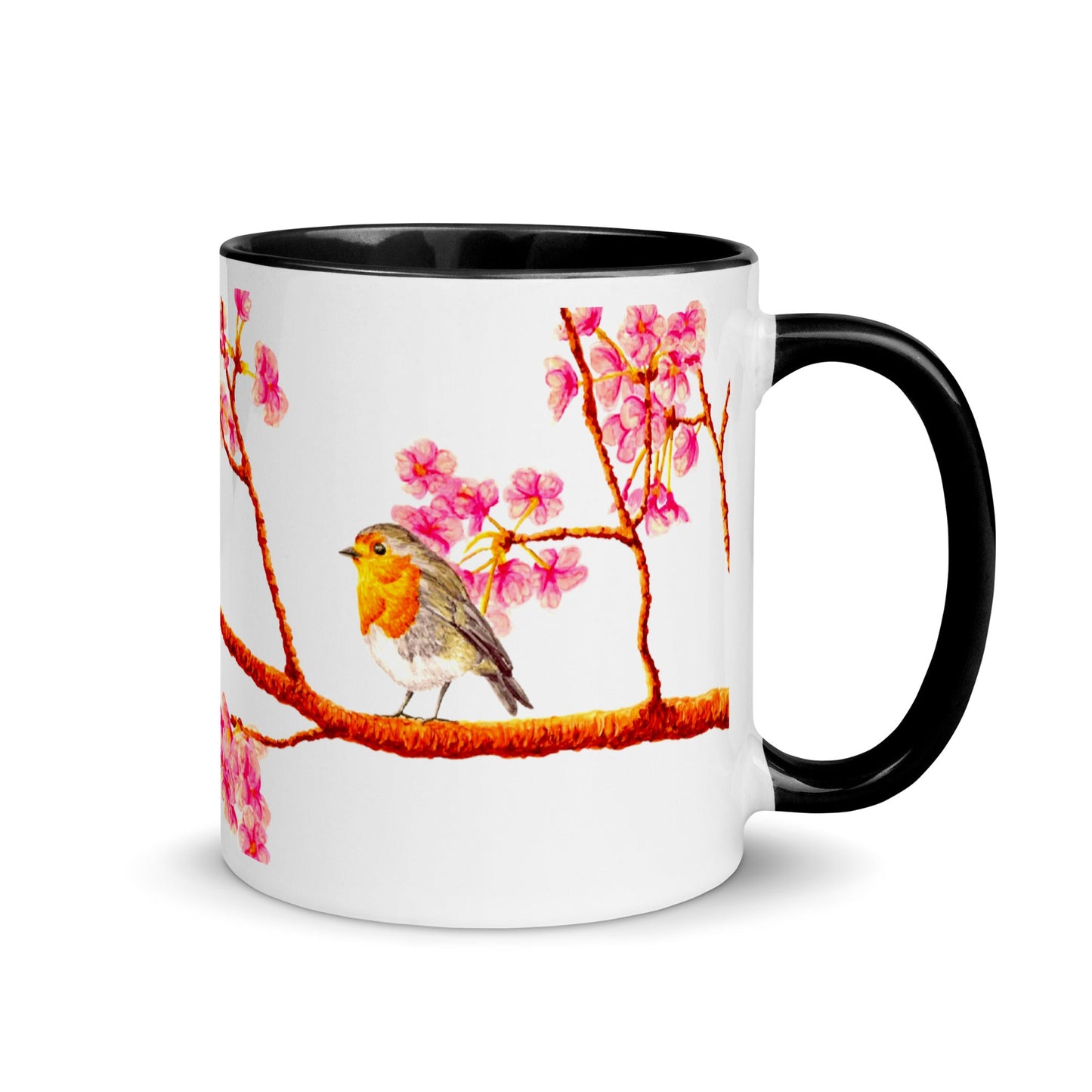 Robin and Cherry Blossoms Two-Tone Mug Mugs Indie Darling Design 