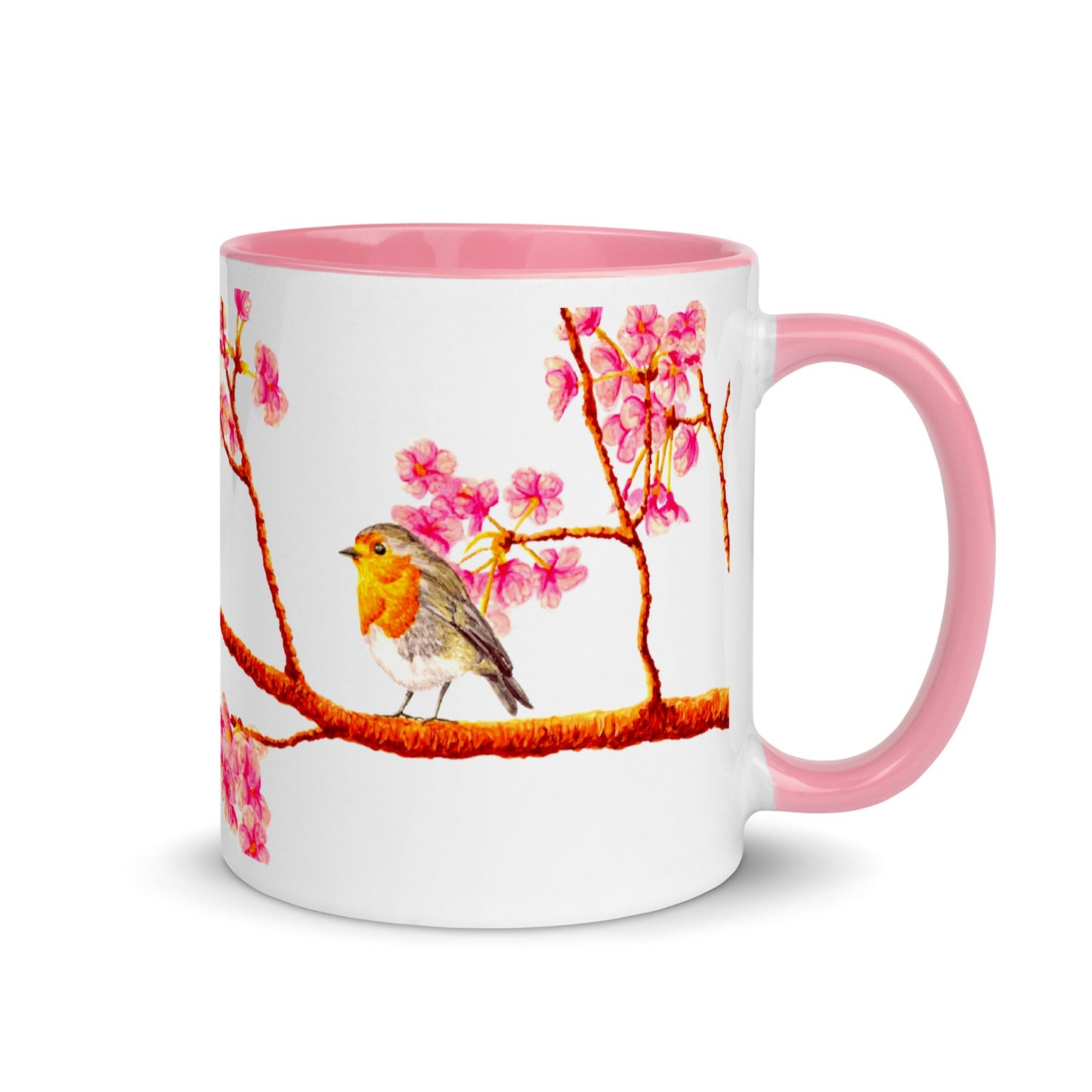 Robin and Cherry Blossoms Two-Tone Mug Mugs Indie Darling Design 